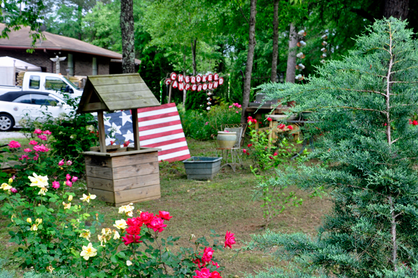 wooden flag, flowers and more at the office